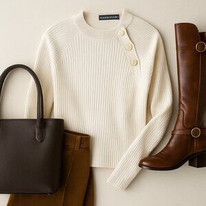 Lauren Ralph Lauren Vintage Ribbed Cotton Sweater Ivory Buttin Shoulder Size M